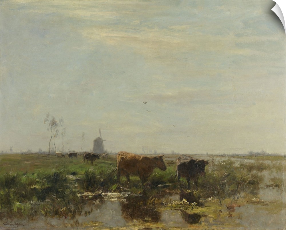 Meadow with Cows by the Water, by Willem Maris, 1895-1904, Dutch painting, oil on canvas. Polder landscape with cows and a...