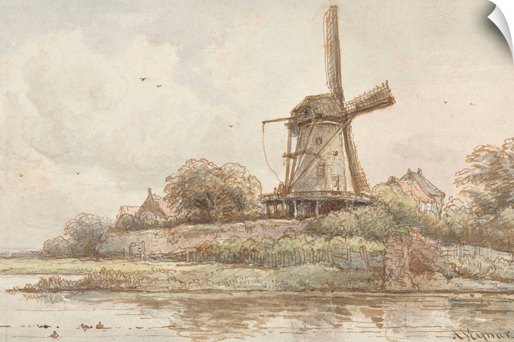 Mill on Ramparts, by Arnoldus Johannes Eymer, 1830-60, Dutch watercolor painting. Windmill built on city walls next to a c...