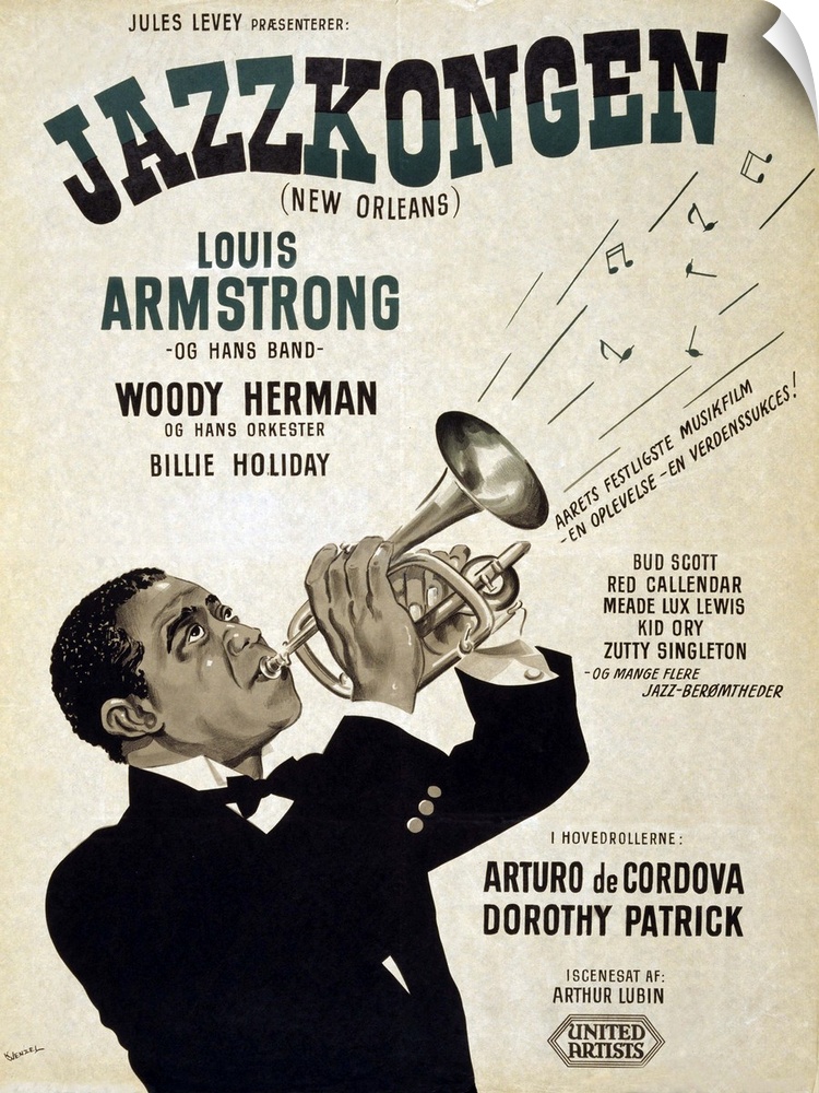 Motion picture poster for Swedish release of NEW ORLEANS (1947), showing star Louis Armstrong playing the trumpet.  Bessie...