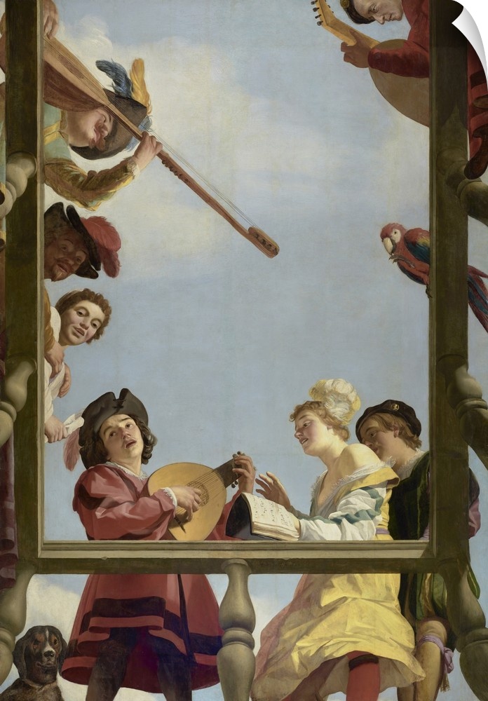 Musical Group on a Balcony, by Gerrit van Honthorst, 1622, Dutch painting, oil on canvas. Festive singers look down from a...
