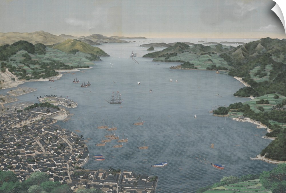 Nagasaki Harbor, by Kawahara Keiga, c. 1800-50, Japanese painting, watercolor on silk. Dutch and Chinese ships lie at anch...