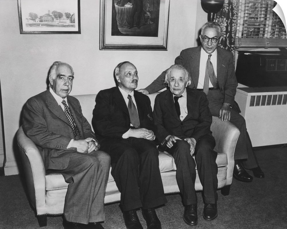 Portrait of four famous nuclear physicists. L-R: Niels Bohr; James Franck; Albert Einstein; and Isidor Rabi. All were Nobe...