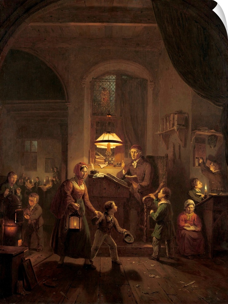Night School, by George Gillis Haanen, 1835, Dutch painting, oil on panel. A mother with a lantern brings her son to schoo...