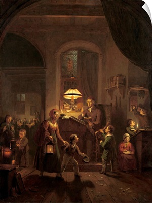 Night School, by George Gillis Haanen, 1835, Dutch painting, oil on panel