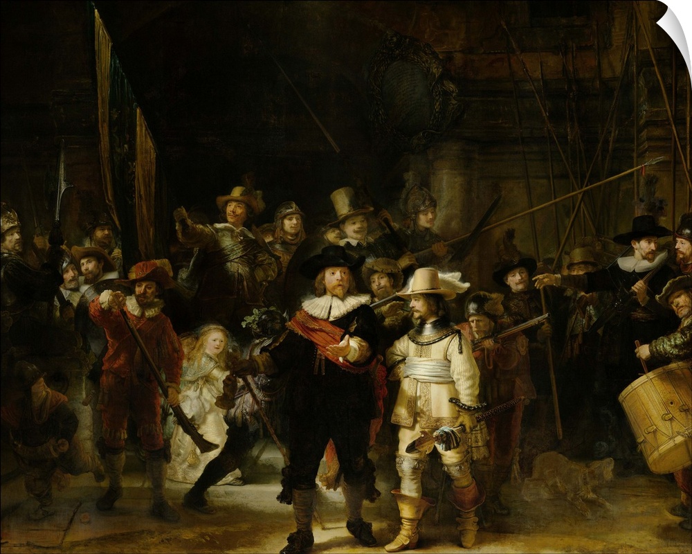 Night Watch, by Rembrandt van Rijn, 1642, Dutch painting, oil on canvas. The painting, originally titled 'Militia Company ...