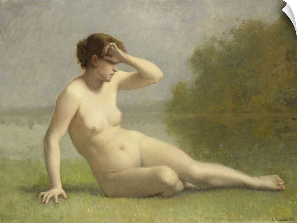 Nymph, by L. Nicolas, 1886, Dutch painting, oil on canvas. A young naked woman sitting in the grass at the water's edge.