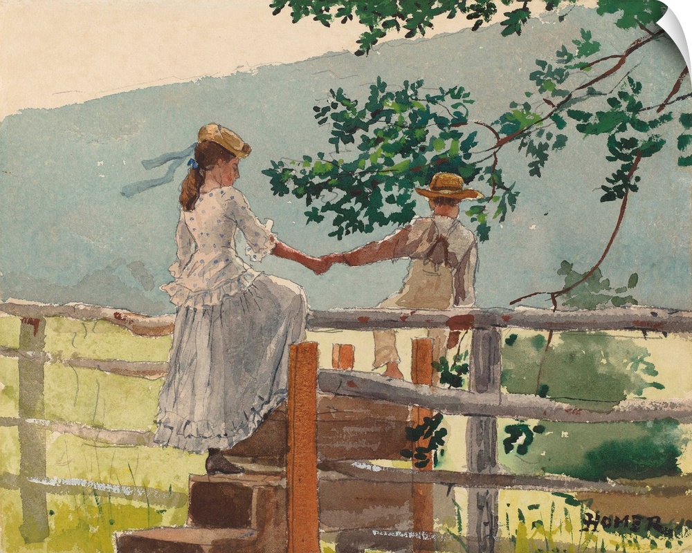 On the Stile, by Winslow Homer, 1878, American painting, watercolor, graphite on paper. Boy and girl hold hands as they pa...