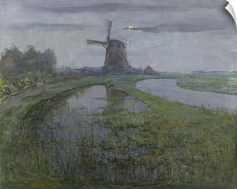 Oostzijdse Mill along the River Gein by Moonlight, by Piet Mondrian, c. 1903, Dutch oil painting. Under the influence of A...