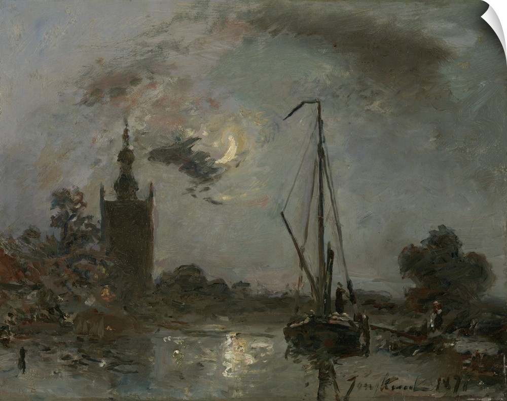 Overschie in the Moonlight, by Johan Barthold Jongkind, 1871, Dutch painting, oil on canvas. Near Rotterdam, a sailboat is...