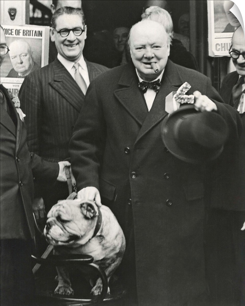 Party Leader Winston Churchill making a speech outside the Conservative Club, Wanstead, England. He poses with their masco...