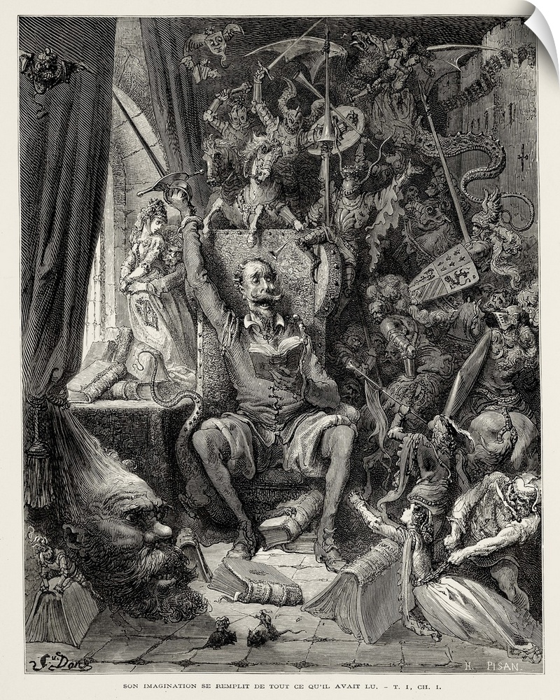 Dore, Paul Gustave (1832-1883). Don Quixote reading chivalresque novels. 1863. Illustration of Don Quixote of La Mancha (p...