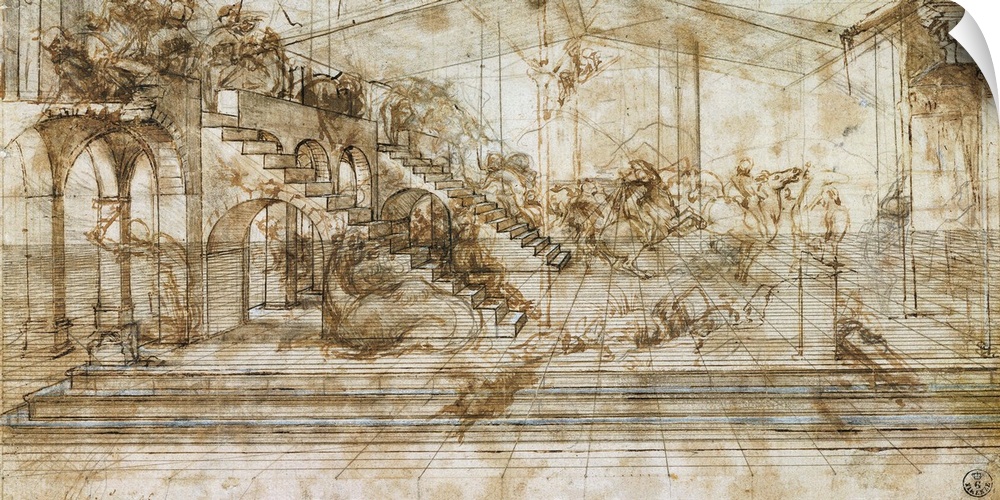 Prospective study for the Adoration of the Magi, by Leonardo da Vinci, 15th Century, 1481, pen, sepia and white paint on w...