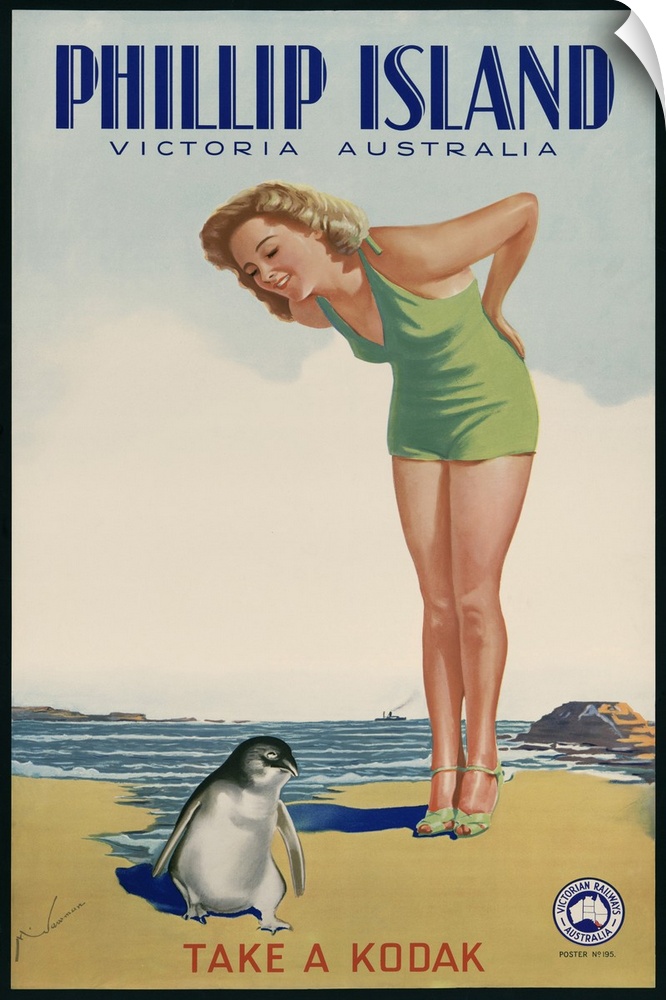 Phillip Island, Victoria, Australia. Take a Kodak. 1930s travel poster for Victorian Railways Australia of a bathing beaut...