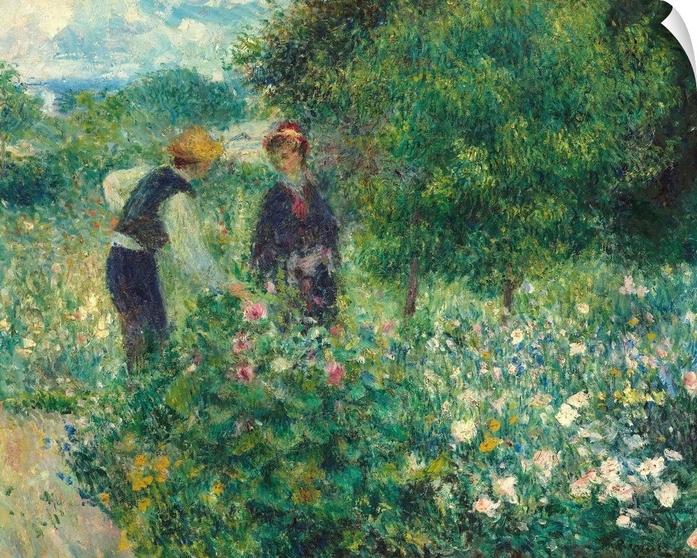 Picking Flowers, by Auguste Renoir, 1875, French impressionist painting, oil on canvas. This work is painted with the smal...