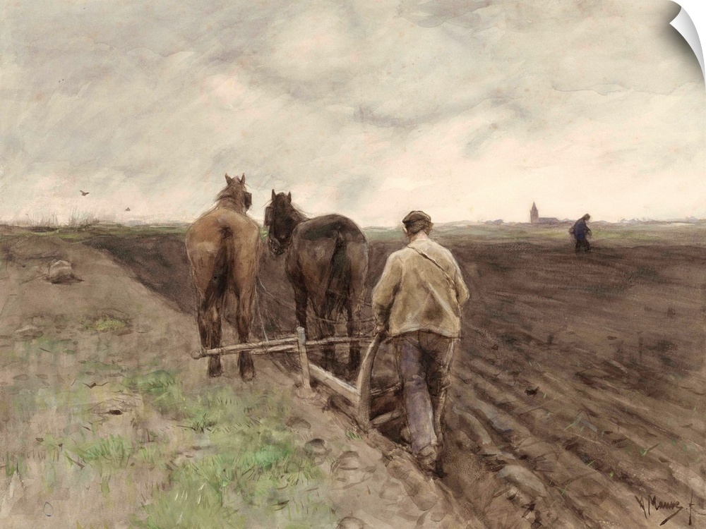 Plowing Farmer, 1848-88, Dutch watercolor painting by Anton Mauve. In distance another farmer sows seeds. In far distance ...