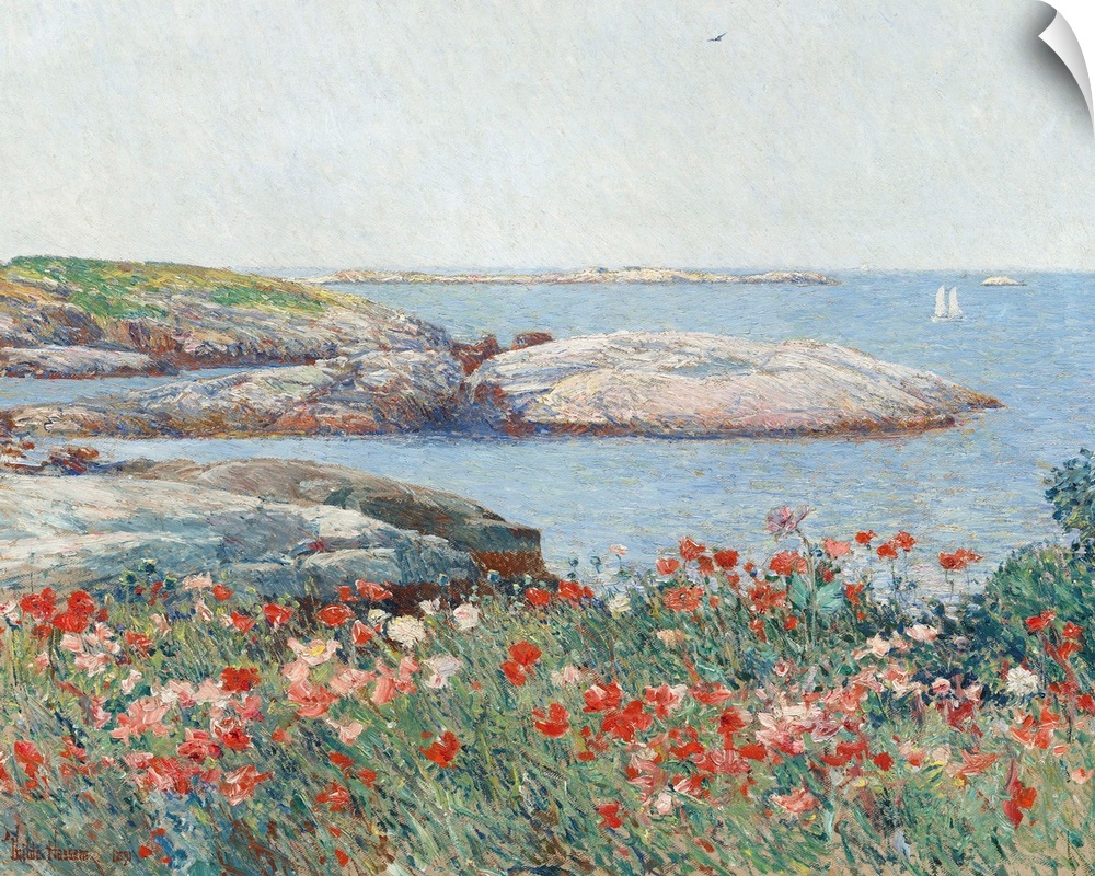 Poppies, Isles of Shoals, by Childe Hassam, 1891, American impressionist painting, oil on canvas. This view, centered on a...