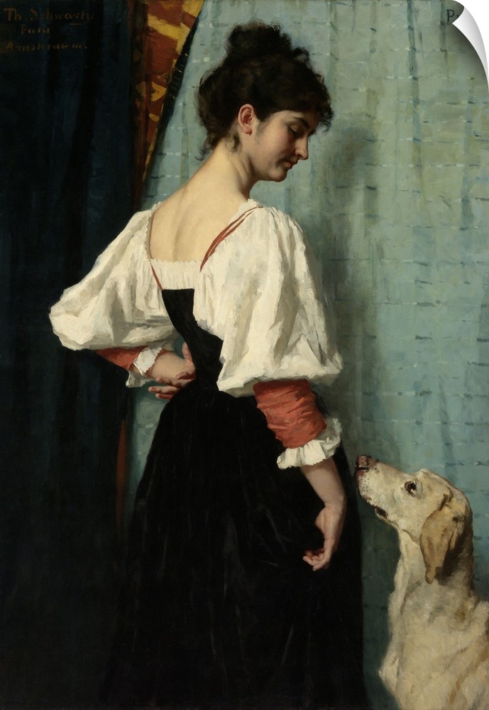Portrait of a Young Woman, with 'Puck' the Dog, by Therese Schwartze, c. 1879-85, Dutch painting, oil on canvas. The model...