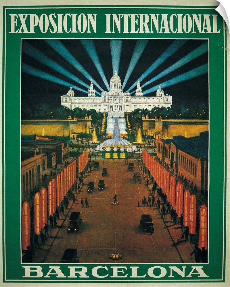 Barcelona International Exhibition. 1929. Poster from an illustration by R. Bas. View of Paseo de Maria Cristina with the ...
