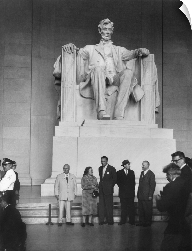 Premier Nikita Khrushchev and others beneath the Lincoln statue in the Lincoln Memorial. L-R: Nikita and Nina Khrushchev, ...