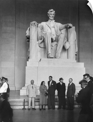 Premier Nikita Khrushchev and others beneath the Lincoln statue in the Lincoln Memorial