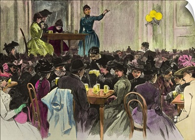 Public Meeting Suffragettes in Berlin, Early 20th Century, Color Engraving