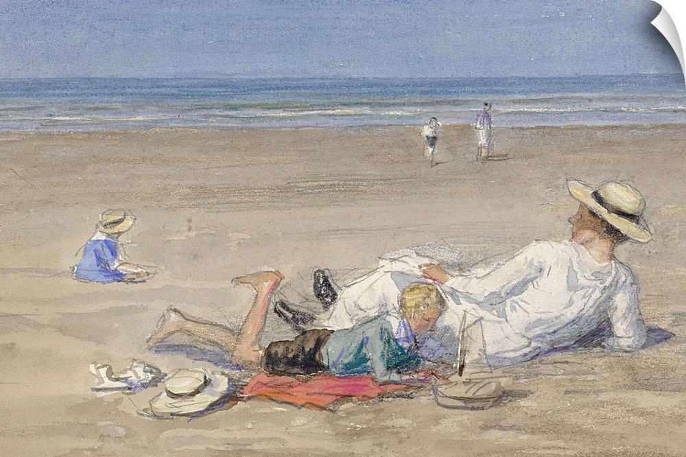 Resting Nanny with Two Children on the Beach, by Johan Antonie de Jonge, c. 1890-1920. Dutch watercolor painting.
