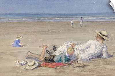 Resting Nanny with Two Children on the Beach, c. 1890-1920, watercolor
