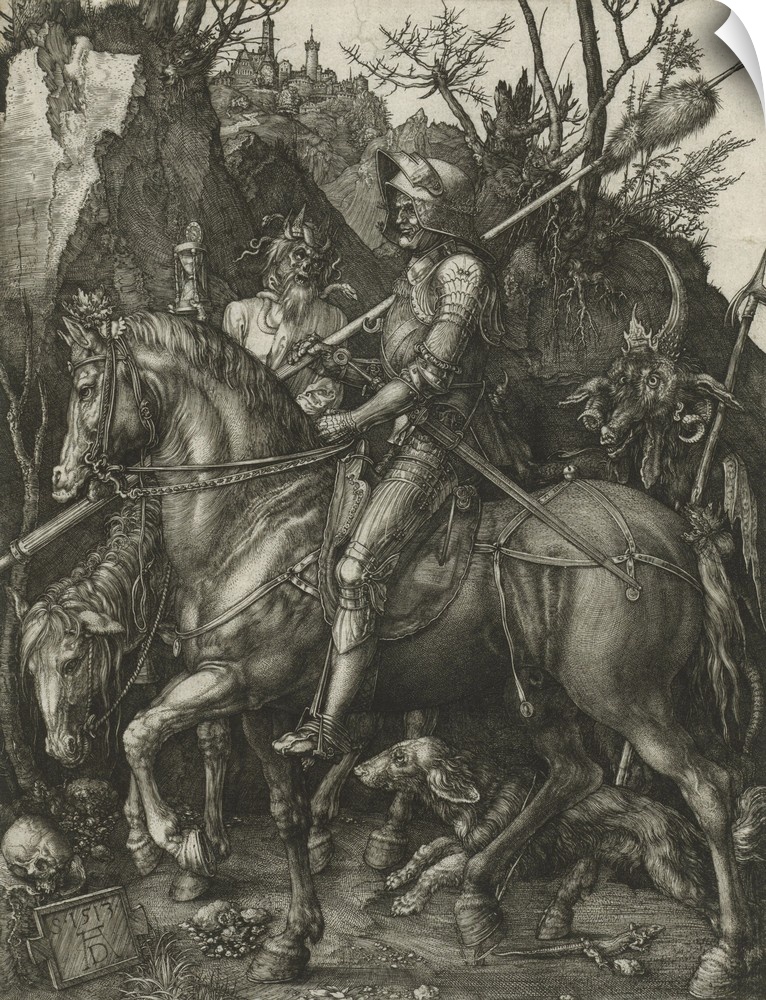 Rider, Death and the Devil, by Albrecht Durer, 1513, German print, engraving.
