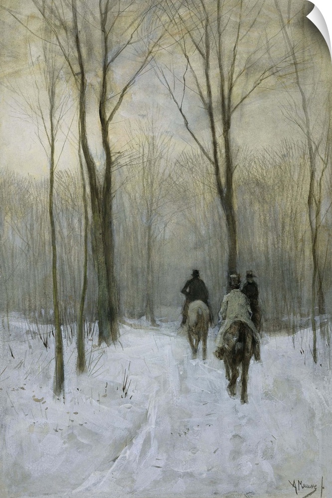 Riders in the Snow in the Haagse Bos, by Anton Mauve, 1880, Dutch watercolor painting. Three men on horseback ride on a ro...