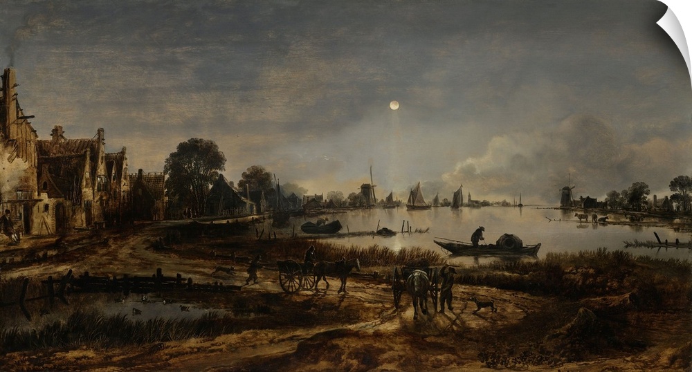 River View by Moonlight, by Aert van der Neer, 1640-50, Dutch painting, oil on panel. Moonlight is reflected in the water,...
