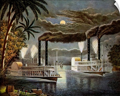 Riverboats on the Mississippi, c. 1850s, Color Engraving