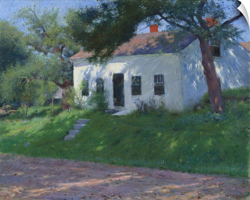 Roadside Cottage, by Dennis Miller Bunker, 1889, American impressionist painting, oil on canvas. Bunker painted brightly c...
