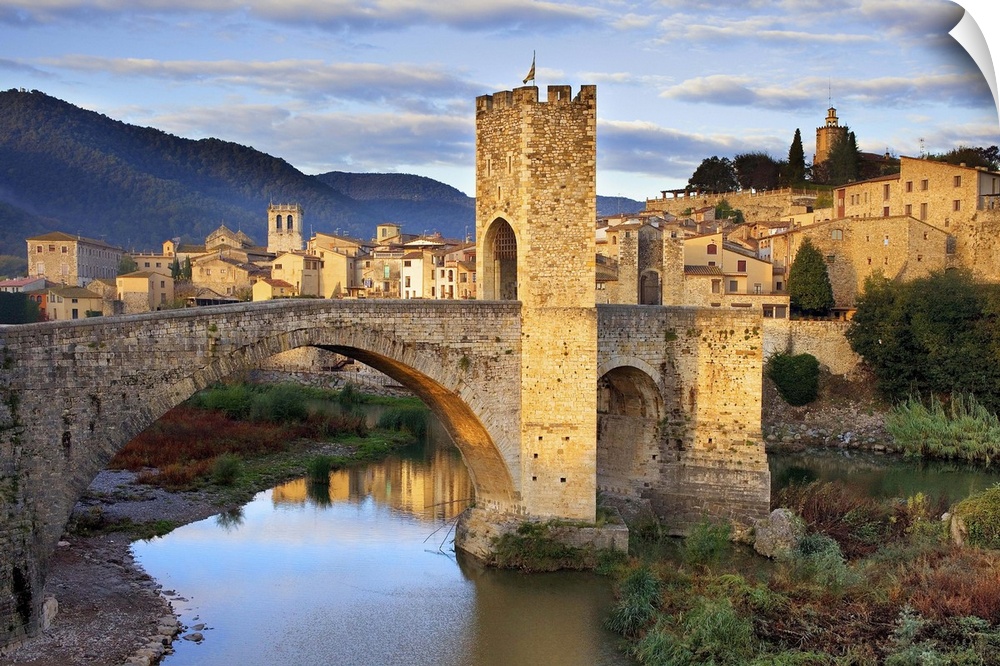 SPAIN. Besalu. Romanesque bridge over the Fluvi river. Romanesque art. -