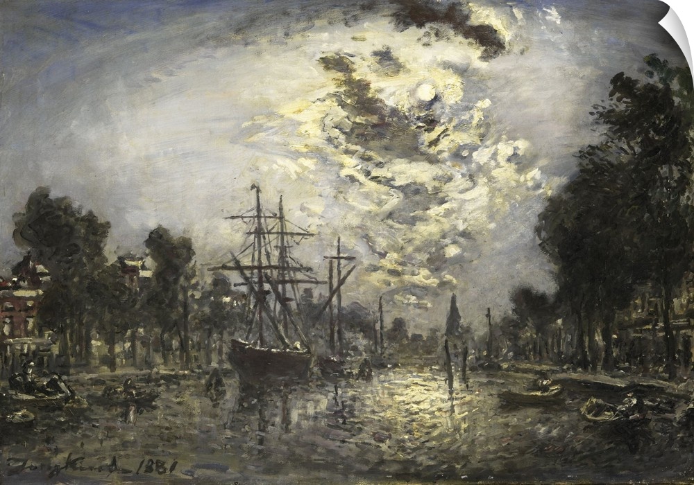 Rotterdam Moonlight, by Johan Barthold Jongkind, 1881, Impressionist Dutch Painting, oil on canvas. Canal in Rotterdam as ...
