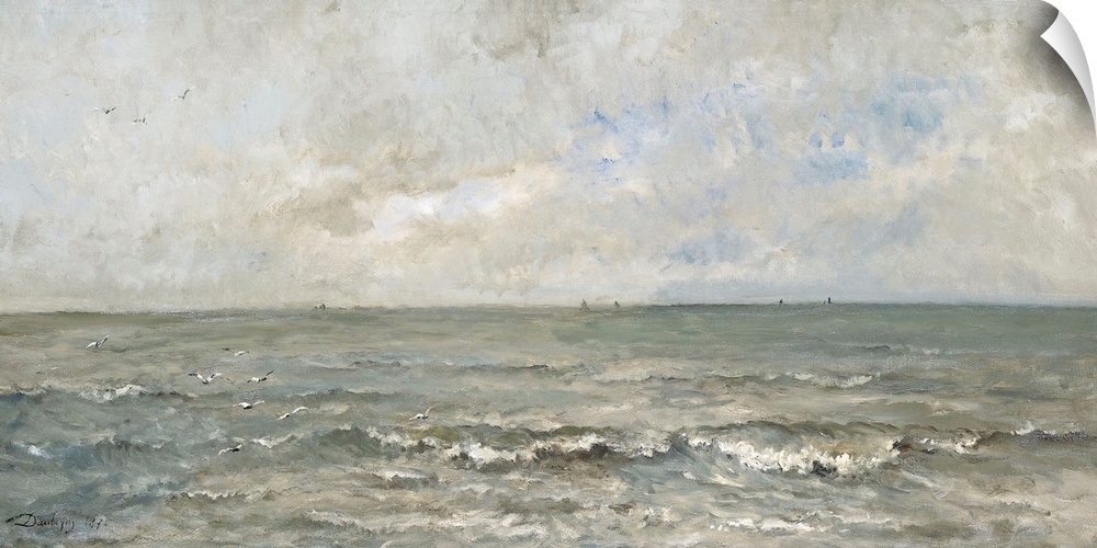 Seascape, by Charles Francois Daubigny, 1876, French painting, oil on canvas. Waves washing ashore with fishing boats in d...
