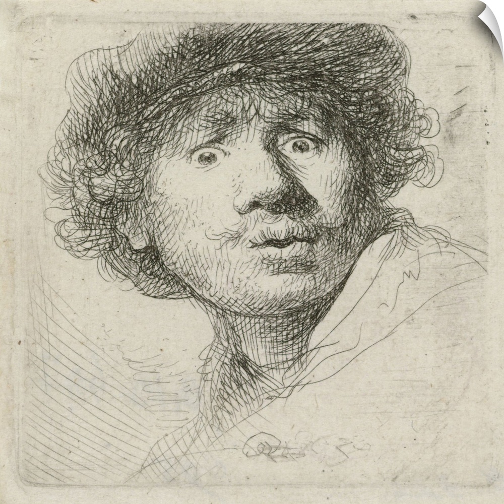 Self-Portrait with Beret, by Rembrandt van Rijn, 1630, Dutch print, etching on paper. Rembrandt was 24 when he created thi...