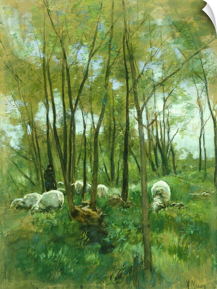 Sheep in a Forest, by Anton Mauve, 1848-88, Dutch watercolor painting. Shepherd with floc of sheep grazing in a woods.