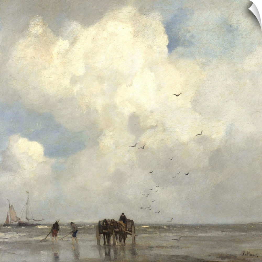 Shell Fishing, by Jacob Maris, 1885, Dutch painting, oil on canvas. People on beach fishing with nets for shellfish as a t...