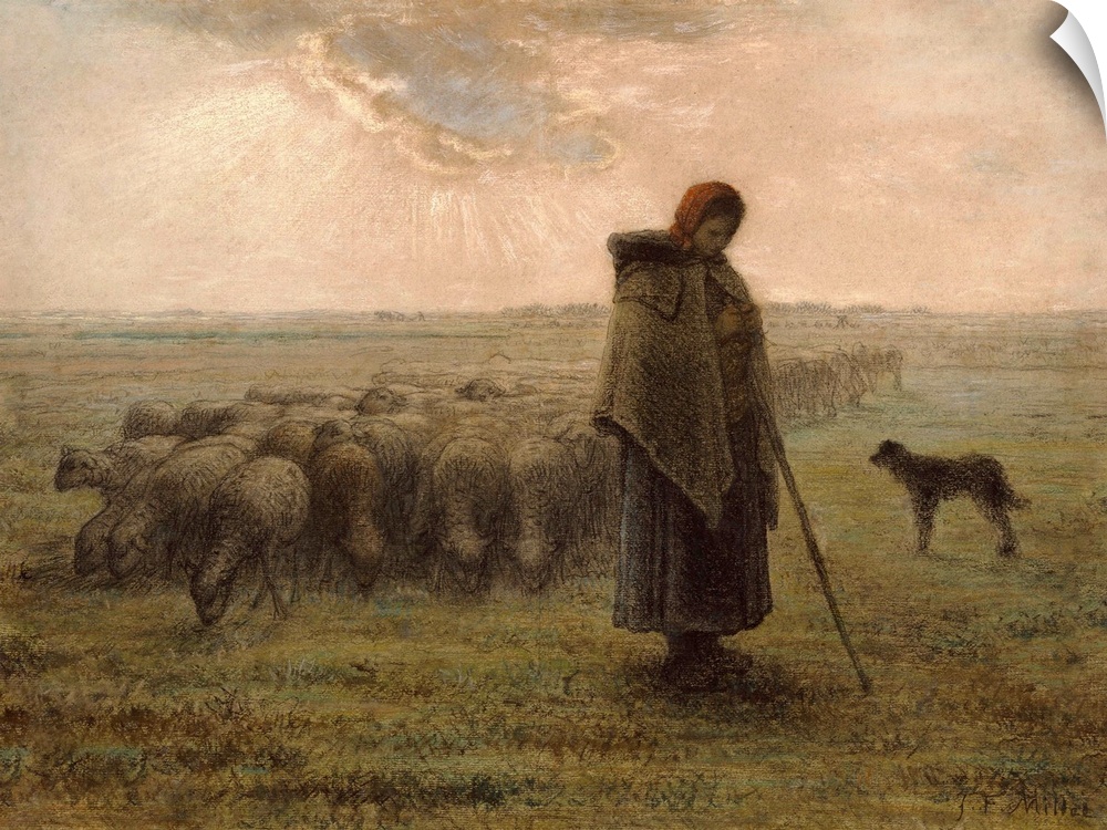 Shepherdess with her Flock, by Jean-Francois Millet, 1862-63, French drawing, black chalk and pastel. The shepherdess and ...