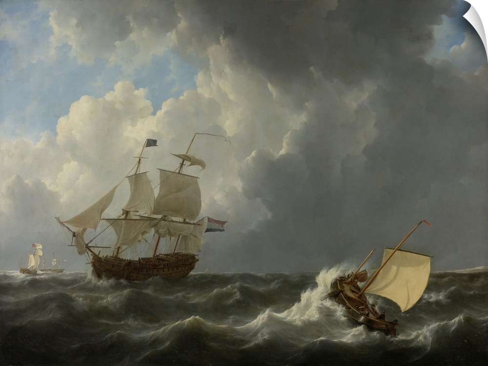 Ships in a Turbulent Sea, by Johannes Christiaan Schotel, 1826, Dutch painting, oil on canvas. Four ships in rough sea, wi...