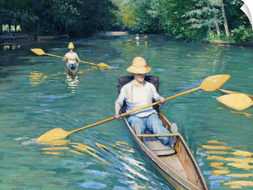Skiffs, by Gustave Caillebotte, 1877, French impressionist painting, oil on canvas. This painting was exhibited at the fou...