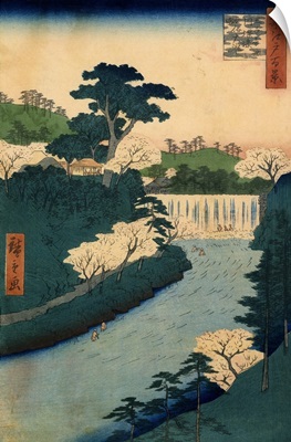 Small Boats on a River with Waterfall, 19th Century Japanese Woodcut