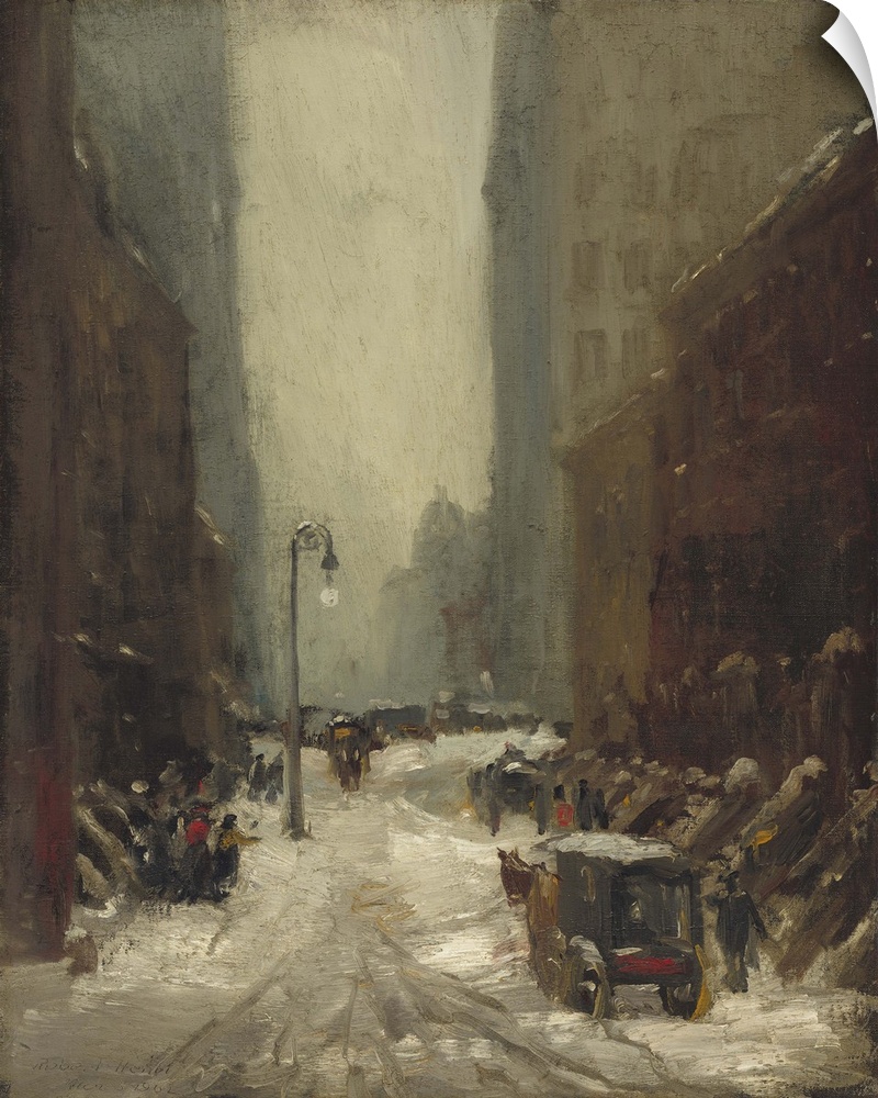 Snow in New York, by Robert Henri, 1902, American painting, oil on canvas. Brownstone apartments and office buildings duri...