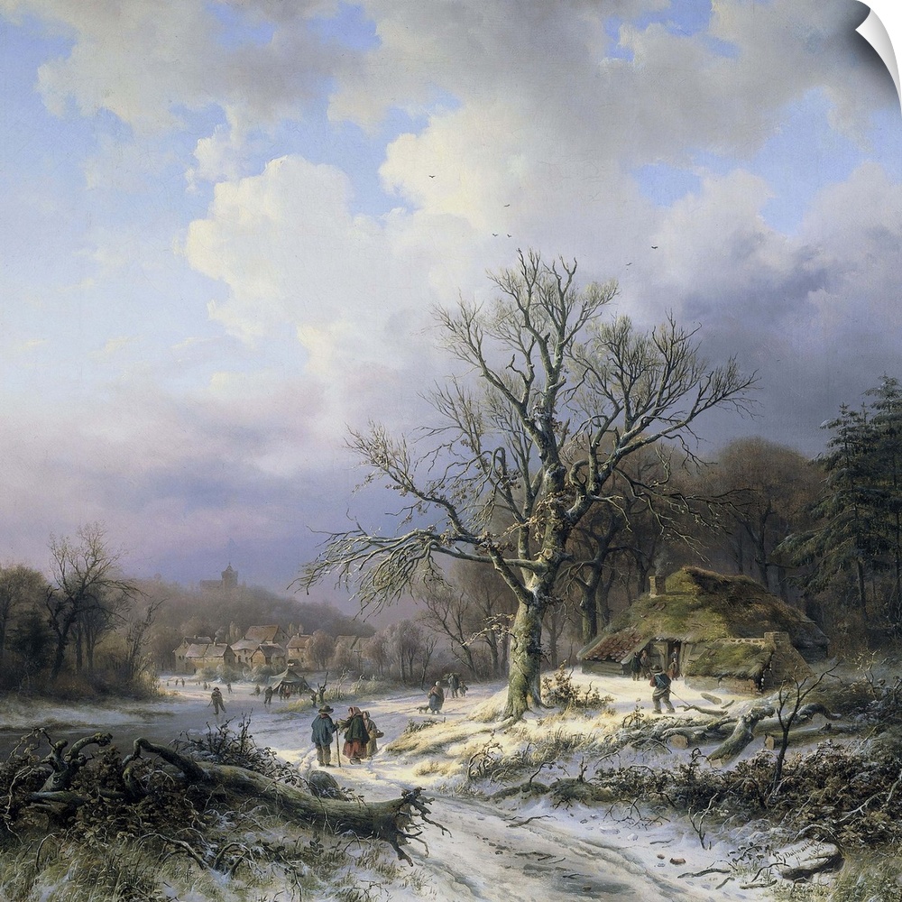 Snow Landscape, by Alexander Joseph Daiwaille, 1845, Dutch painting, oil on canvas. Townspeople socializing, carrying wood...