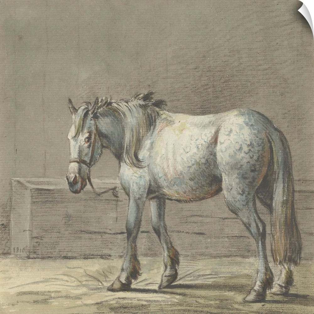 Standing Horse in a Stall, Facing Left, by Jean Bernard, 1810-16, Dutch watercolor painting.