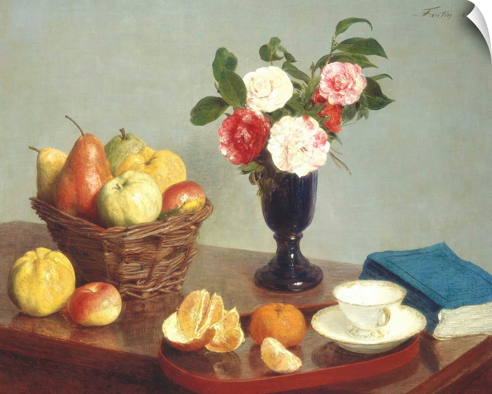 Still Life, by Henri Fantin-Latour, 1866, French painting, oil on canvas. He used the light palette of his impressionist a...