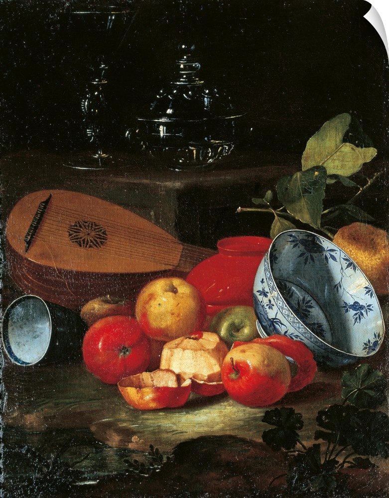 Still Life with Mandola, Chalice, Bowl of Glass, Porcelain and Apples, by Cristoforo Munari, 1700 - 1720, 18th Century, oi...