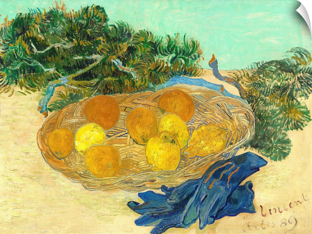 Still Life of Oranges and Lemons with Blue Gloves, by Vincent van Gogh, 1889, Dutch Post-Impressionist painting, oil on ca...