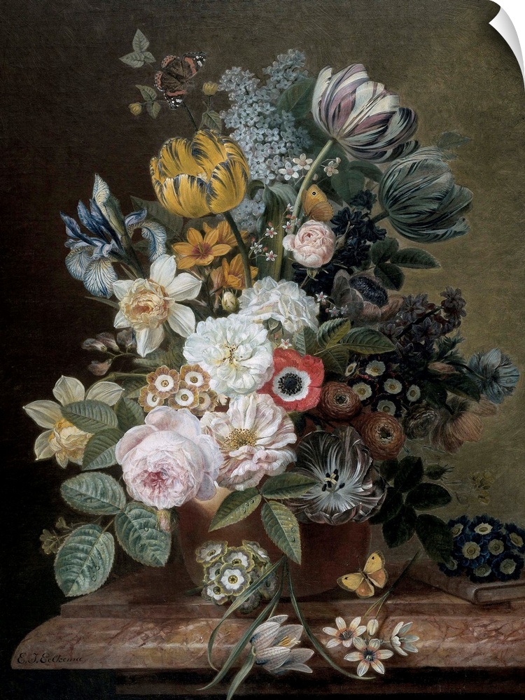 Still Life with Flowers, by Eelke Jelles Eelkema, c. 1815-39, Dutch oil painting, oil on canvas. Bouquet of roses, tulips,...