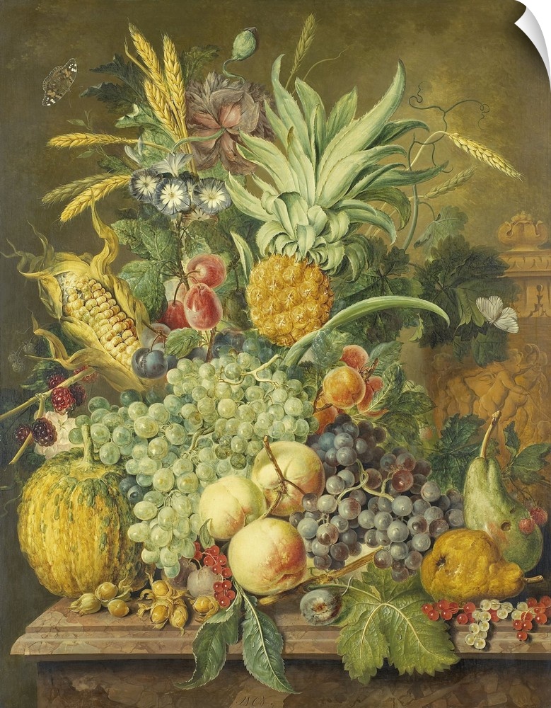 Still Life with Fruit, by Jacobus Linthorst, 1808, Dutch painting, oil on panel. Rich arrangement of various fruit with ve...